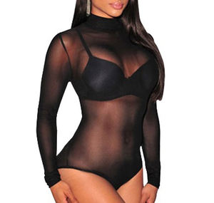 Venta al por mayor de las mujeres de manga larga transparente Sexy Sheer Mesh Bodycon See Through Teddy Bodysuit - Product Image 5