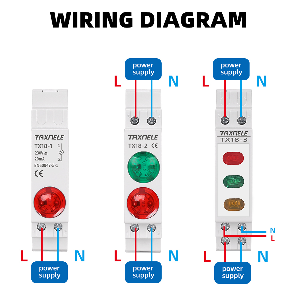 LED-Anzeigeleuchte Für DIN-Schiene – 230V AC, 20mA, IP20, 6mm² Anschluss, Rot/Gelb/Grün, Platzsparend, Für Steuerungen