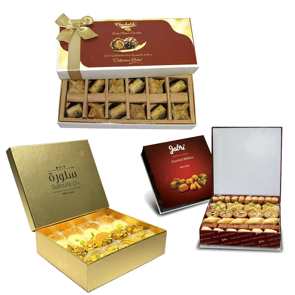 Edi Mixed Gourmet Assorted Baklava Verpackungs box Elegantes Geschenk Schokolade Dattel nuss Trocken frucht Box Kleine Desserts in Biss größe