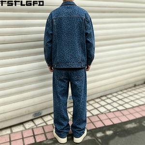 Cut And <b>Sew</b> Leopard Print Denim <b>Set</b> Heavyweight Vintage Wash Baggy Streetwear Two Piece Jacket Pants Wholesale Bulk - Product Image 3