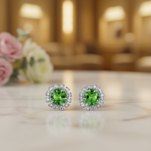 Orecchini a Perno con Gemma Verde in Argento 925, Taglio Brillante Rotondo, Design a Fiore, Montatura a Griffe, Classici da Donna per Uso Quotidiano - Product Image 2