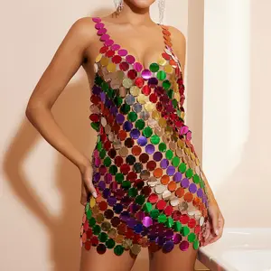 sexy bikini cover up backless dress acrylic panel sequins dress colorful mirrored disc halter mini dress