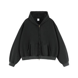 Sweat à capuche d'automne solide épaissi en détresse pour hommes coupe régulière polaire lourde délavé couleur décoloration Zip - Product Image 1