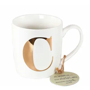 Alfabeto lettera tazze Set regalo tazza Logo personalizzato tazza di porcellana caffè ceramica classica cina pianura personalizzata all'ingrosso oro bianco