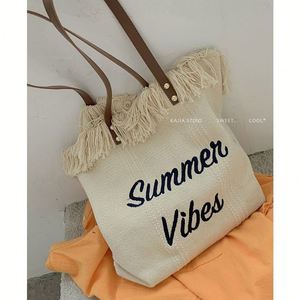 Bolsa de Lona de Gran Capacidad con Flecos y Bordado 'Summer Vibes' para Mujer, Uso Diario y de Playa - Product Image 3