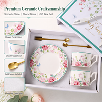 Ensemble de tasses à café en céramique florale avec soucoupes et cuillères dorées, service à thé de l'après-midi en porcelaine, coffret cadeau pour mariage et anniversaire, OEM ODM, vente en gros