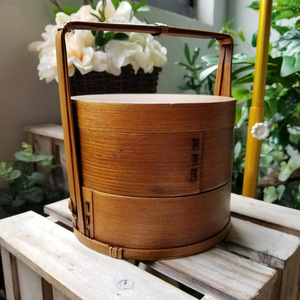 Japanese Style Double Layer Wooden <b>Lunch</b> <b>Box</b> Cylinder Stackable Portable Food Grade Material Natural Lacquer Color - Product Image 3