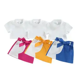 2023 летняя детская одежда с короткими рукавами в рубчик Топы поясом с юбкой в стиле пэчворк, детская одежда