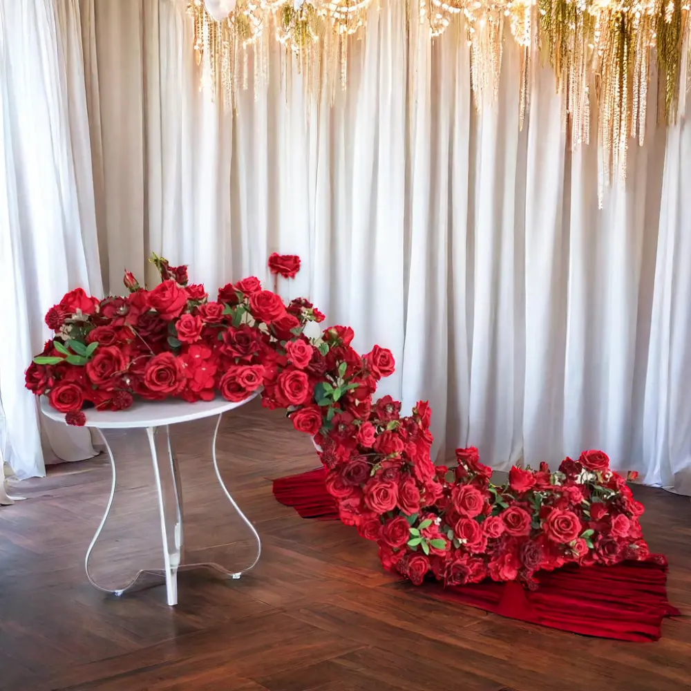 Karangan bunga merah putih buatan kustom dekorasi panggung barisan bunga dekorasi meja pernikahan properti untuk pesta