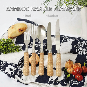 Rattan Natural Bamboo Handle Stainless Steel Flatware Set High Quality Travel Cutlery Spoon <b>Fork</b> with Matte Polish Retro Design - Product Image 2
