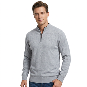 Pull en tricot gris uni pour homme, manches régulières, fermeture éclair 1/4, vêtement d'automne - Product Image 1