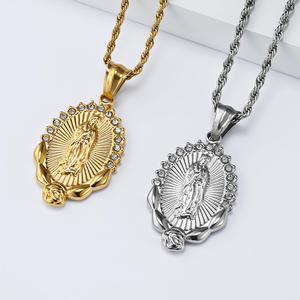 Collar con Colgante de la Virgen María, Acero Inoxidable, Tono Dorado y Plateado, Bisel con Incrustaciones de Diamantes de Imitación, Joyería Religiosa para Hombre y Mujer - Product Image 1