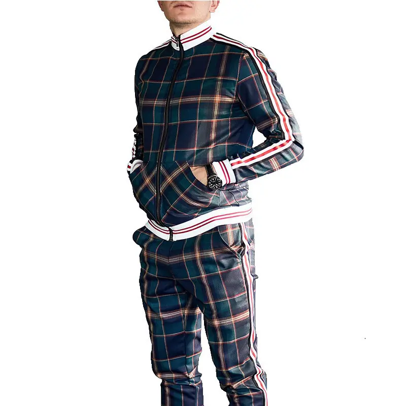 Sweat à capuche à carreaux grande taille survêtement de sport coupe-vent zippé avec logo personnalisé sans pantalon veste de survêtement léger à fermeture éclair pour hommes