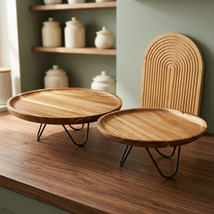 Plateau décoratif rond en bois d'acacia avec pieds en métal, plateau de présentation surélevé, plateau de service pour la décoration de la maison et des fêtes - Product Image 3
