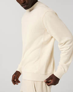 Men's Cream Crew Neck Sweatshirt <b>Set</b> Regular Fit 100% Cotton Solid Color Minimalist Spring Wear Breathable Full Sleeve Shorts - Product Image 4