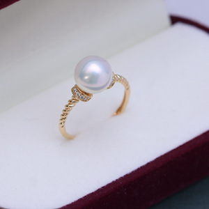 Bague ouverte en argent S925 Zhuji Danshui, perle ronde blanche de 8-9 mm à forte luminosité avec légère imperfection, bague en diamant torsadée - Product Image 1