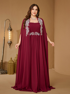 Conjunto de Dos Piezas de Vestido de Noche Elegante para Mujer, Color Borgoña, Manga Larga Tipo <span class=keywords><strong>Capa</strong></span>, con Lentejuelas y Parches, Ajustado, de Gasa - Product Image 4