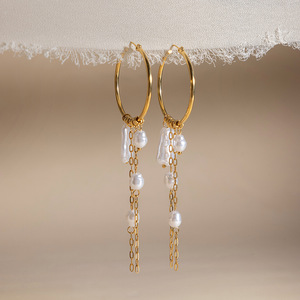Pearl Tassel Hoop Earrings 18K Gold Stainless Steel Everyday Wear - Product Image 4
