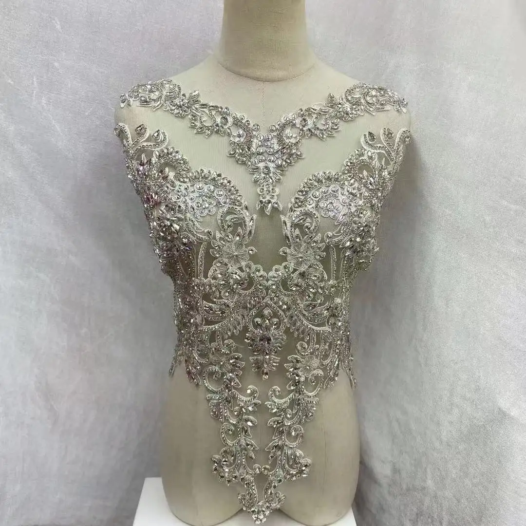 Handmade crystal beaded bodice lace applique, V collar body front vintage style rhinestone patches