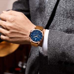 Montre à quartz de luxe pour homme Drioshipping, étanche, lumineuse, avec calendrier, chronographe, bracelet en cuir sport, boîtier en acier inoxydable - Product Image 5