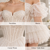 Robe mini pour femme en tulle à sequins, épaules dénudées, manches bouffantes, corsage corset, volants superposés, marque privée