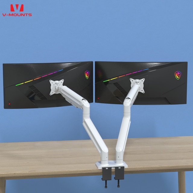 V-mounts Adjustable Aluminum Monitor Arms Dual Computer Stand with Gas Spring 90 Degrees Tilt in Stock for Home Office VM-GE72U