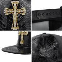 Topi Pria Fashion keluaran baru topi Snapback kulit PU warna polos pola ular topi trendi 6 Panel