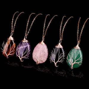 Trendy Luxury Handmade Braided Copper Wire Tree Of Life Woman Waterdrop Shape Gem Natural Stone Pendant Necklace Jewelry