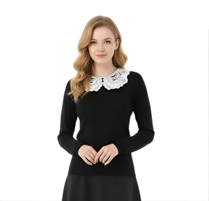 Maglione Pullover da Donna Personalizzato all'Ingrosso, Sottile ed Elegante, con Colletto in <span class=keywords><strong>Pizzo</strong></span> e Cuciture, a Maniche Lunghe, Lavorato a <span class=keywords><strong>Maglia</strong></span>, Girocollo - Product Image 1