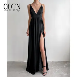 OOTN Party Plissee Dünnes boden langes Ballkleid Frauen Rücken loser Riemen Niedrig geschnittener V-Ausschnitt Geteiltes Schwarzes Kleid Sexy Abendkleid