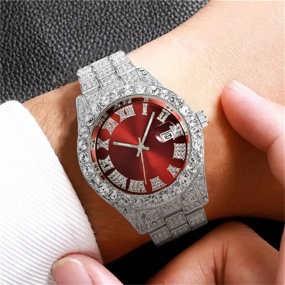 Watch Bling Hip Hop Fully Iced Out Watches Silver Gold Blue Dial Quartz Diamond Watches Men Wrist