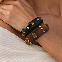 Bracelet manchette large en bois massif avec rivets étoiles, style vintage western, empilable, pour femme
