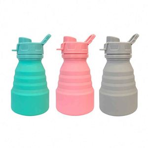 Silicone Collapsible Water <b>Bottle</b> With Flip Up <b>Straw</b> Portable Travel Mug Solid Color Unisex Minimalist Design - Product Image 1