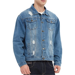 Giacca da camionista in Denim da <span class=keywords><strong>uomo</strong></span> <span class=keywords><strong>cappotto</strong></span> da motociclista strappato strappato Slim Fit <span class=keywords><strong>blu</strong></span> giacche di jeans - Product Image 5
