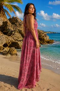 Robe longue bohème en mousseline de soie tissée à motif floral, col en V, coupe trapèze, sans manches, avec lien à nouer sur le devant, taille naturelle, idéale pour les vacances, qualité supérieure - Product Image 3