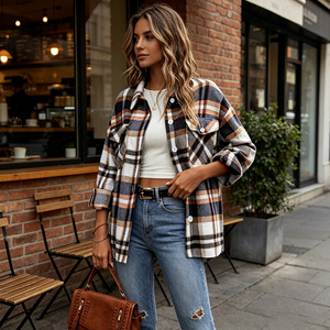 Chemisier à carreaux pour femme, manches longues, boutons sur le devant, épaules tombantes, coupe ample, veste tissée pour l'automne et l'hiver - Product Image 3