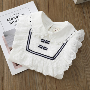 Maglietta bianca da bambina top abbigliamento primaverile maglietta a maniche lunghe in pizzo con colletto alla coreana per bambini maglietta da bambina - Product Image 2