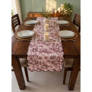 Chemin de table vintage en lin à motifs floraux avec bord festonné pour la décoration de table à manger, linge de table décoratif avec bordure à franges - Product Image 2