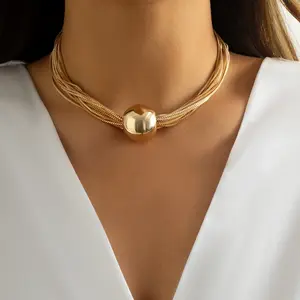 Exaggerated Multi Layered Big Ball Choker Necklace For Women Vintage Gold Color Geometric Chunky Clavicle Chain Jewelry Gift