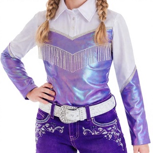 Camisa de Montar a Caballo Estilo Western en Satén Azul con Cierre de Botones Delanteros, Manga Larga, Cintura Alta y Ligera - Product Image 1