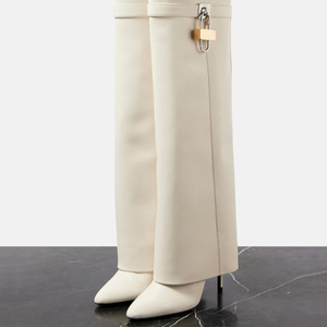 Botas de tacón alto de aguja para mujer, de gamuza, con cierre de tiburón metálico, plegables por encima de la rodilla, con punta, en colores personalizados - Product Image 6