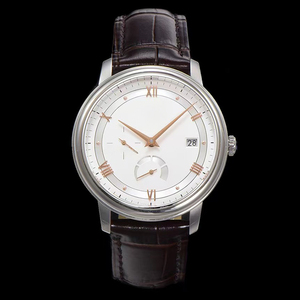 Montre automatique classique de style designer, aiguilles or rose, cadran blanc, réserve de marche, petite seconde, date, boîtier en acier 316L, bracelet en cuir marron - Product Image 2