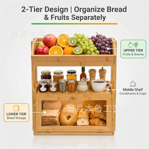 Boîte à pain en bambou, étagère de rangement pour comptoir de cuisine avec plateau à fruits, conteneur à pain multi-niveaux pour l'organisation des aliments - Product Image 3