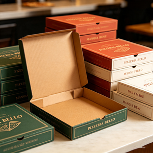 Emballage en carton ondulé personnalisé pour boîte à pizza <span class=keywords><strong>Bello</strong></span> avec emblème doré, pour commandes en gros, conception gratuite, qualité alimentaire, pour produits cuits au feu de bois et faits quotidiennement - Product Image 1