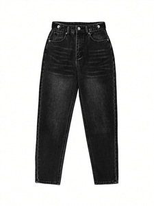 Jeans <span class=keywords><strong>Neri</strong></span> in Denim Stile Vintage con Bottoni Multipli da <span class=keywords><strong>Donna</strong></span>, Vita Media, Estivi, Lavabili, Vestibilità Ampia, Gamba Dritta, Lunghezza alla Caviglia - Product Image 4