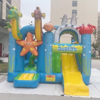 Château gonflable écologique en PVC sur le thème de la vie marine avec toboggan, animaux marins, étoiles de mer, poissons, crabes, pour enfants, usage commercial en extérieur