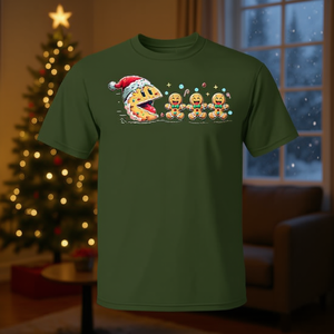 Camiseta Navideña de Pac-Man Persecuyendo a Gingerbread, Unisex para Adultos, Manga Corta, Cuello Redondo, Impresión Digital, Diseño de Videojuegos - Product Image 3
