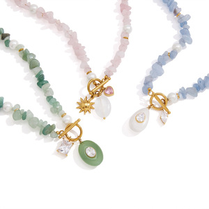 Collier ras-du-<span class=keywords><strong>cou</strong></span> perlé en acier inoxydable plaqué or 18 carats avec pierres naturelles colorées, style luxe léger et <span class=keywords><strong>de</strong></span> niche, pour <span class=keywords><strong>femme</strong></span>, transfrontalier - Product Image 5