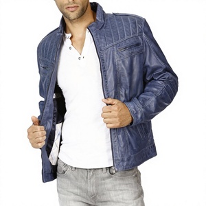 KLJM3 Men's Fashion Indigo Sheep Skin <b>Leather</b> Canvas Tanned Windproof Breathable <b>Jacket</b> High Quality Washed Finish Blouson - Product Image 2