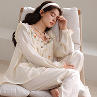 Ensemble de pyjama en coton nuage pour femmes, vêtements de nuit respirants à imprimé floral avec bordure à volants, ensemble de salon printemps-automne 2 pièces
